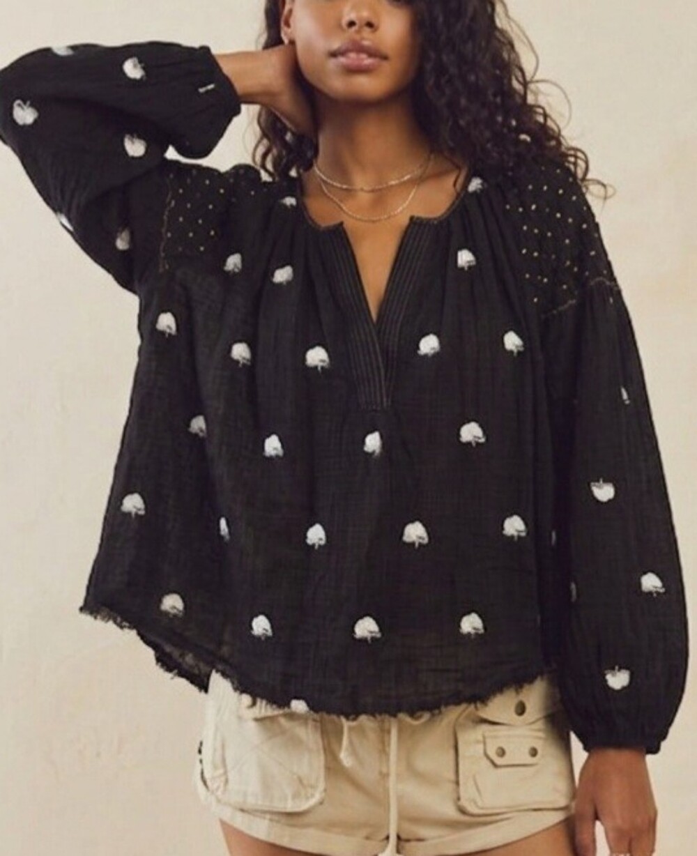 Free People Black Floral Embroidered Long Sleeve Blouse